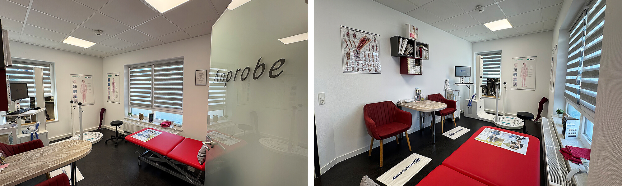 Heller Anproberaum im Sanitätshaus mit roter Untersuchungsliege, medizinischen Postern an der Wand und technischen Geräten zur Bewegungsanalyse.