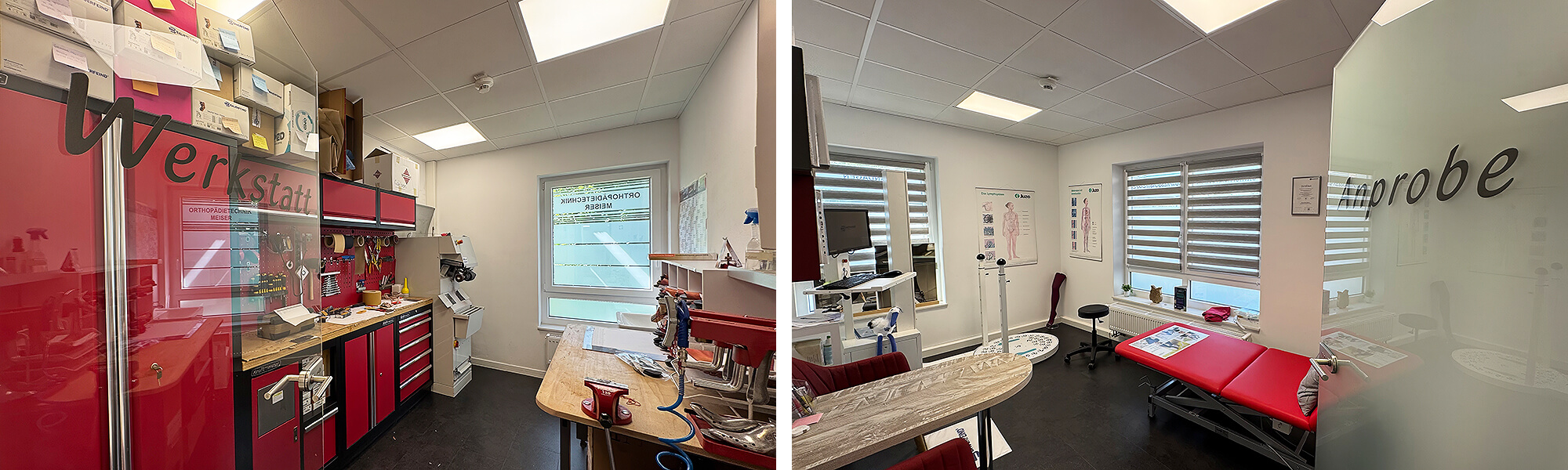 Einblick in die Orthopädie-Werkstatt mit Werkbank (links) und einen hellen Anproberaum mit blickdichter Glastür und der Aufschrift Anprobe (rechts).